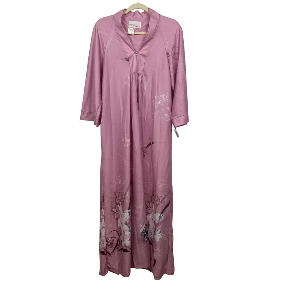 VTG TV Loungers Pink L Floral Zip Robe House Coat Dress 70s Hippie‎ Boho Kimono
